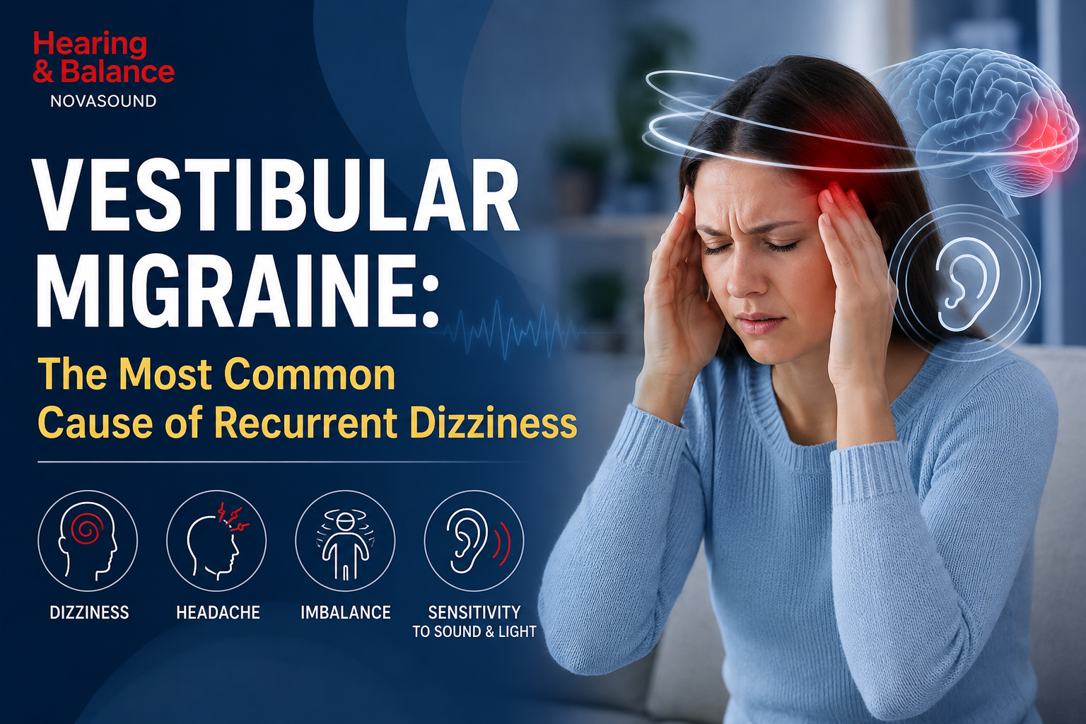 Vestibular migraine illustration showing a woman experiencing dizziness and headache