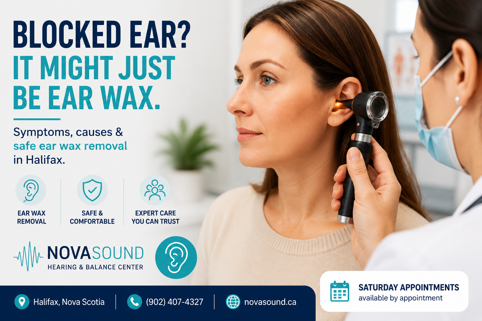 Audiologist examining a blocked ear before professional ear wax removal in Halifax.